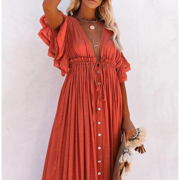 Boho Maxi Dress Rayon Polyester Summer Casual Beach Vacation Flowy Maxi - Picture 2 of 6